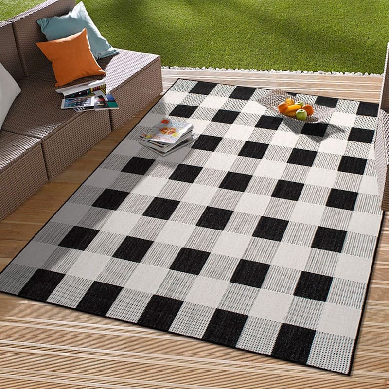 Plaid Checkered Indoor/Outdoor Flatweave Waterproof Backyard Patio Area Rug