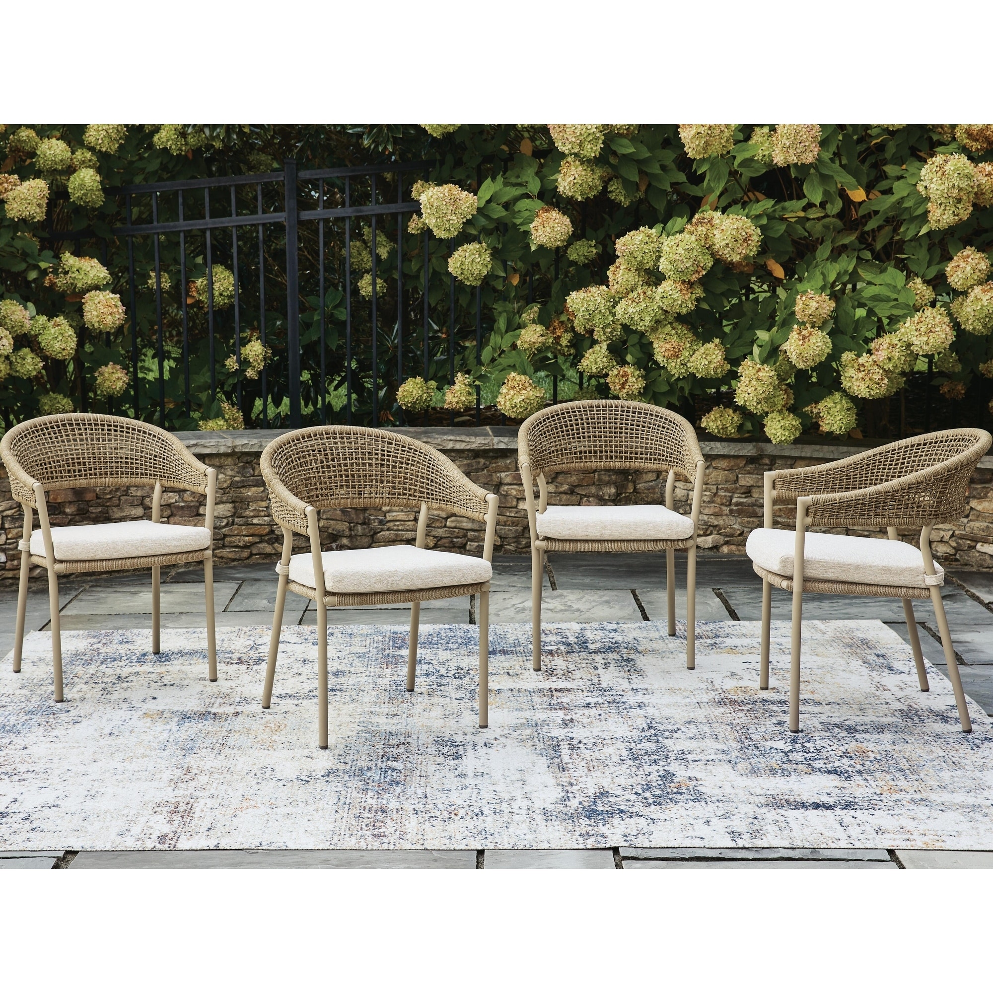 Signature Design by Ashley Ocean Park Beige Outdoor Arm Chair with Cushion (Set of 4) - 23"W x 26"D x 32"H