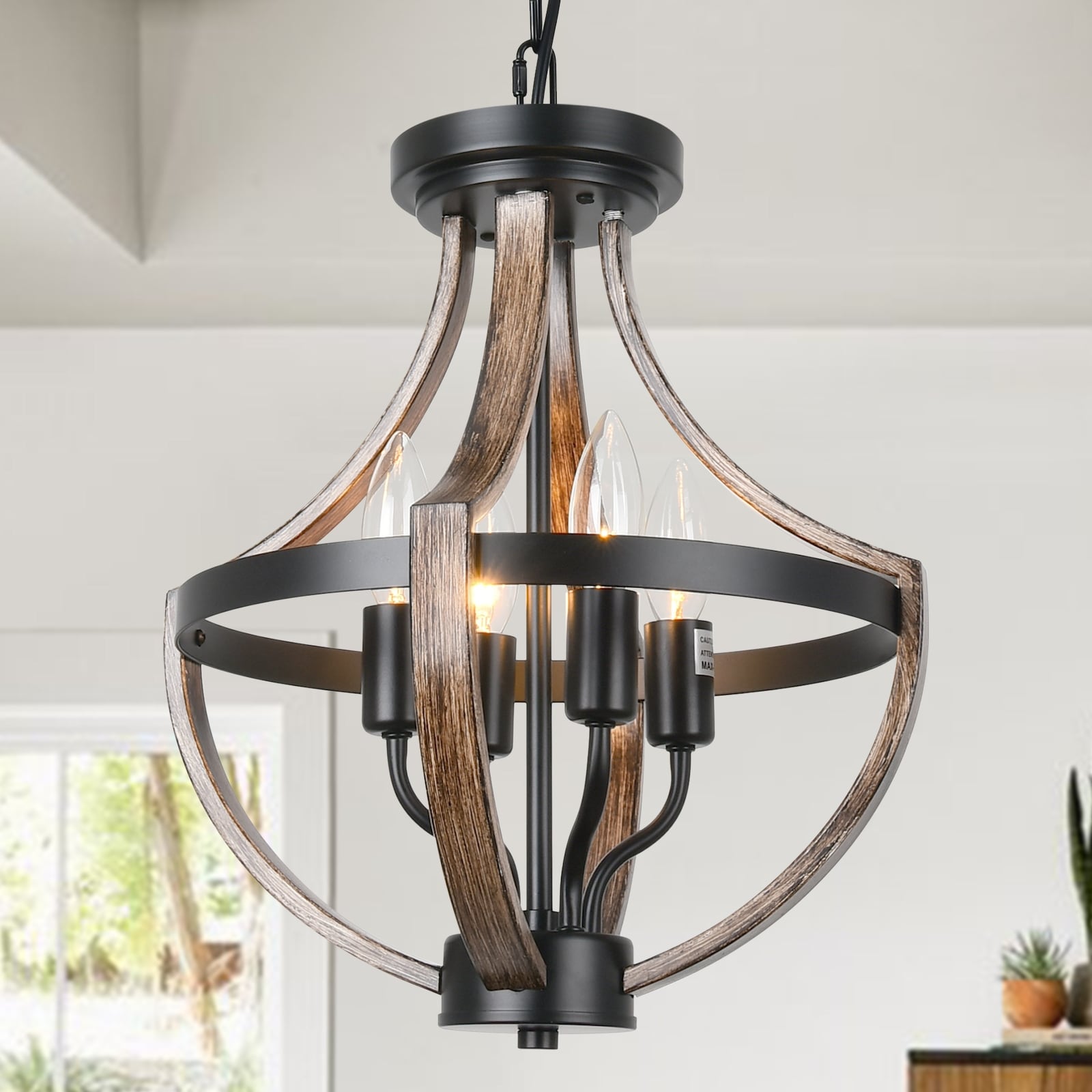 Starsky Mid-Century 4 - Light Farmhouse Wood Ceiling Light Rustic Caged Chandelier
