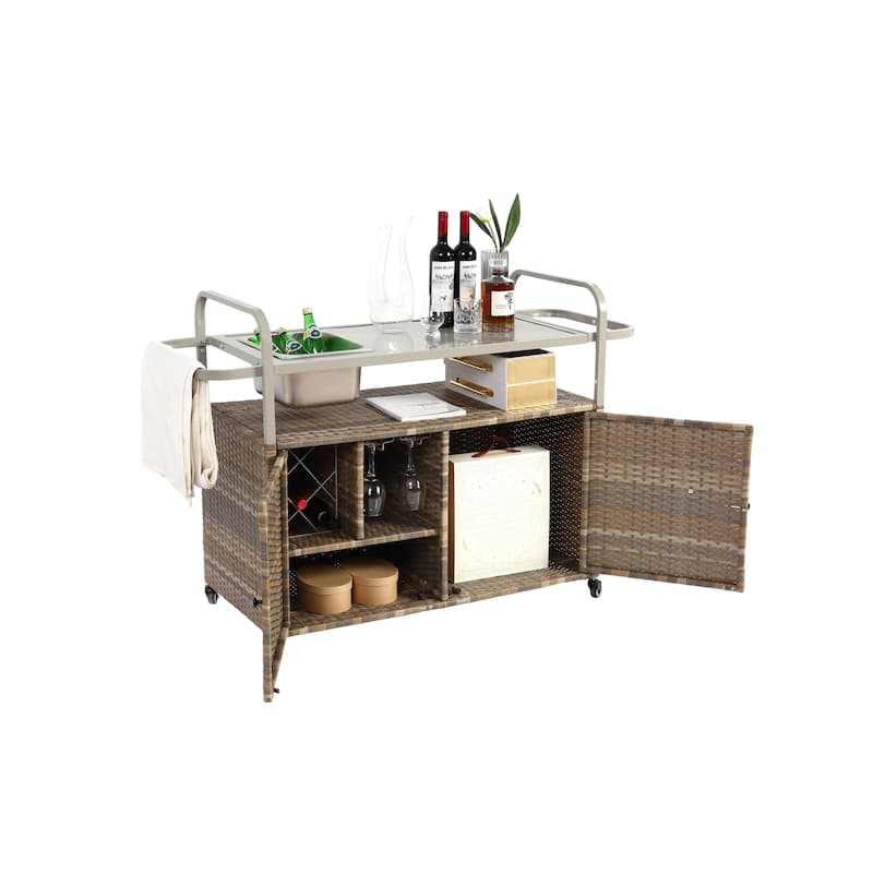 Outdoor Bar Table, Wicker Bar cart with Cabinet, Patio Serving cart with steel Top, with one ice bucket,Lockable Wheels