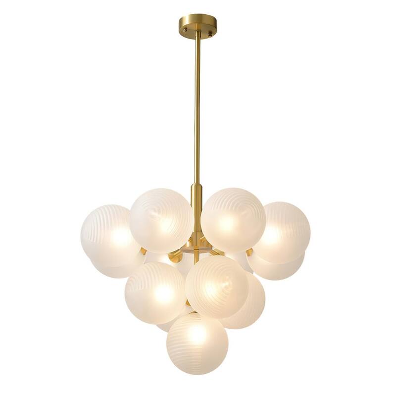 Modern 13-Light Brass Glass Globe Cluster Chandelier - Ribbed Glass