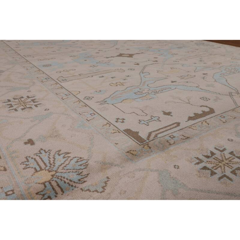 All-Over Beige Oushak Indian Area Rug Hand-Knotted Wool Carpet - 9'2" x 11'8"