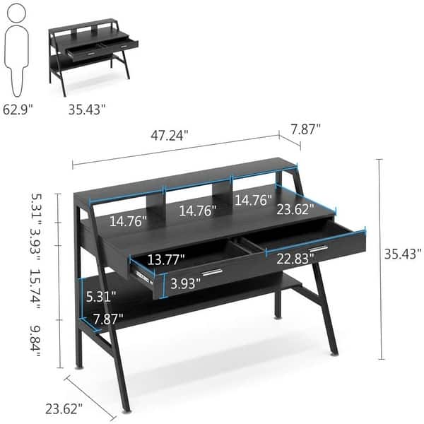 Computer Desk with 2 Drawers, Storage Shelves and Monitor Riser Bed