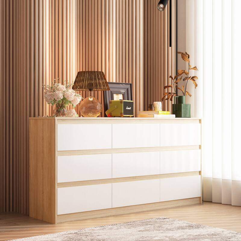 63" Modern 9-Drawer Dresser for Bedroom, Wide White Chest of Drawers, Large Storage Cabinet for Clothes Organization