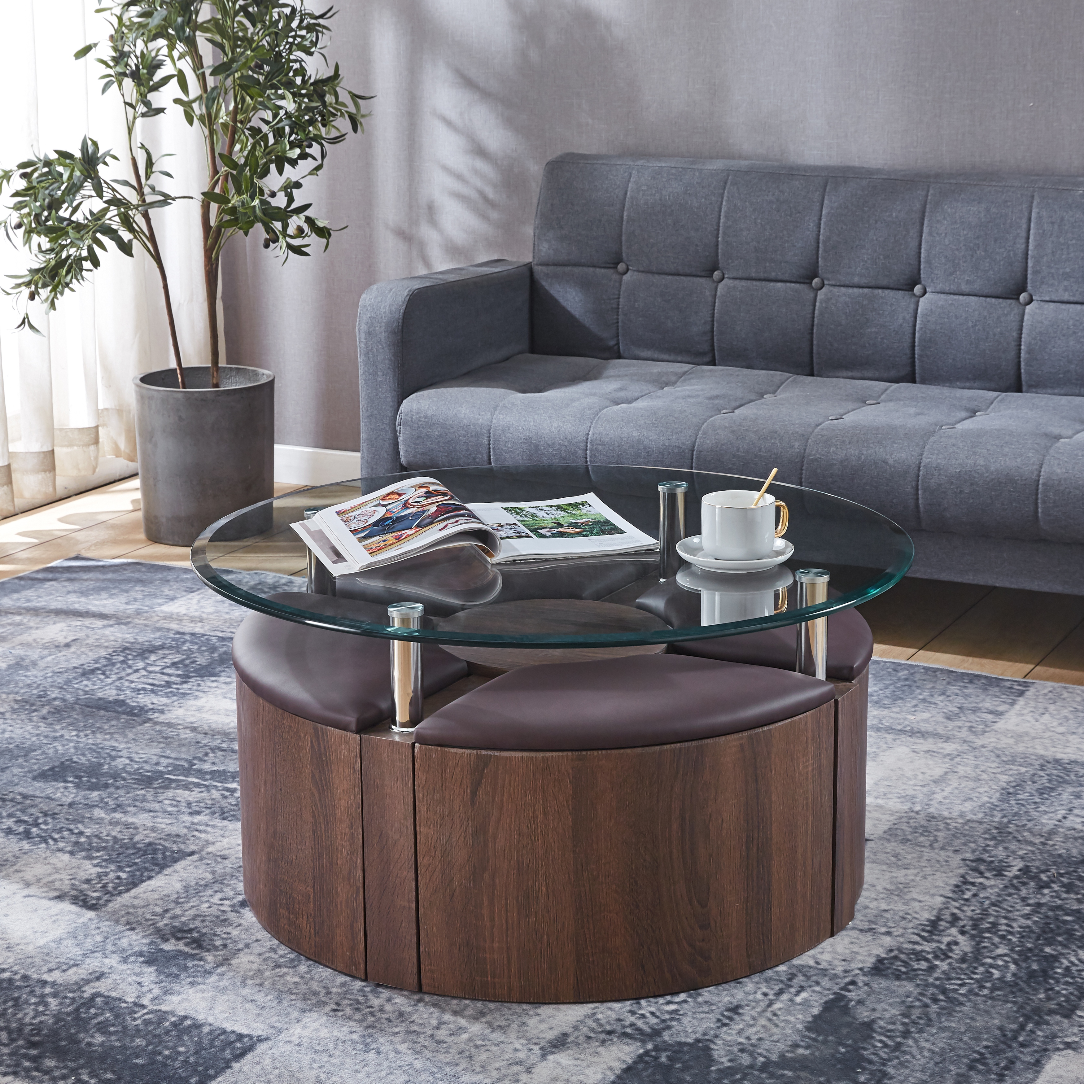 Round coffee table top with 4 stools