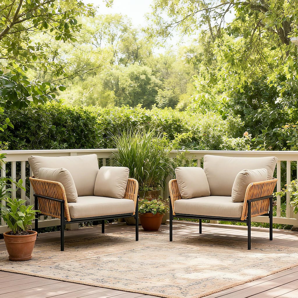 Christopher Knight Home - PureNest 36" Beige and Light Wood-Tone Rope Iron Lounge Chair with Cushions