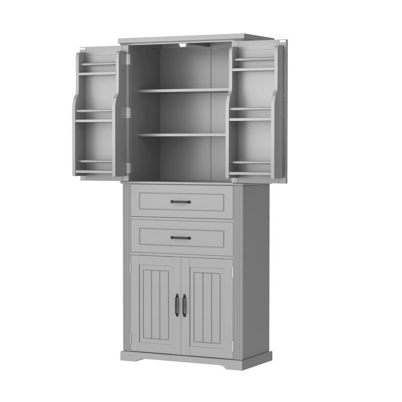 Bathroom Storage Cabinet with 2 Storage Drawers and 4 Doors, Freestanding Bathroom Floor Cabinet with Adjustable Shelf