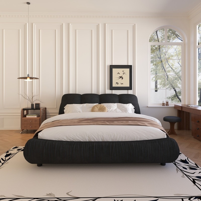 Queen/King Size Upholstered Platform Bed with Oversized Padded Backrest, Modern Bed Frame with Thickening Pinewooden Slats