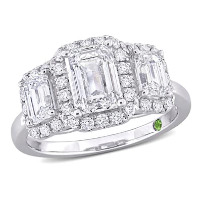 3ct TDW Emerald-Cut Lab-Grown Diamond and Tsavorite Accent 3-Stone Ring in 14k White Gold