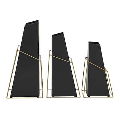 Metal Vase with Gold Wire Accents - Set of 3 Black - Roche River Decor