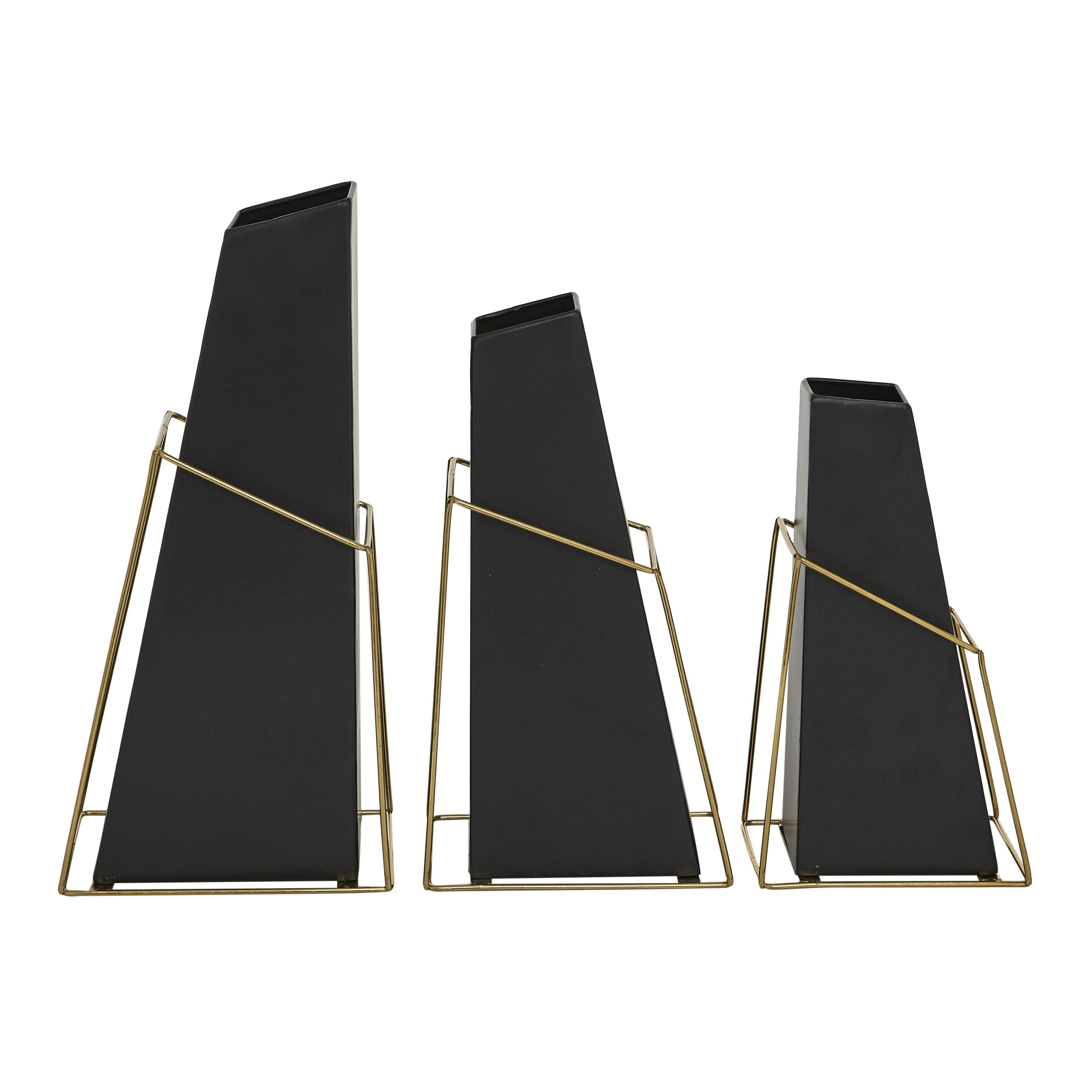 Metal Vase with Gold Wire Accents - Set of 3 Black - Roche River Decor