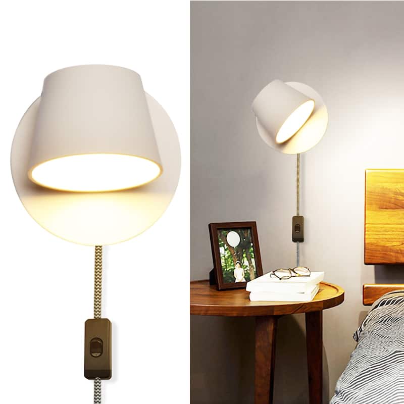 Modern Wall Lamp Plug in Cord Round Rotatable Black /White Wall Sconce LED Lighting Mounted Fixture for Bedroom Living Room - White