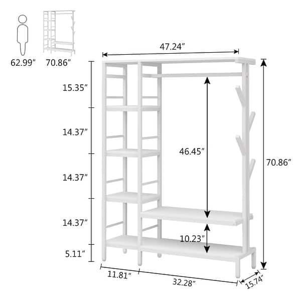 dimension image slide 2 of 2, Free-standing Closet Organizer with Hooks, Heavy Duty Clothes Storage Garment Rack with Shelves and Hanging Rod