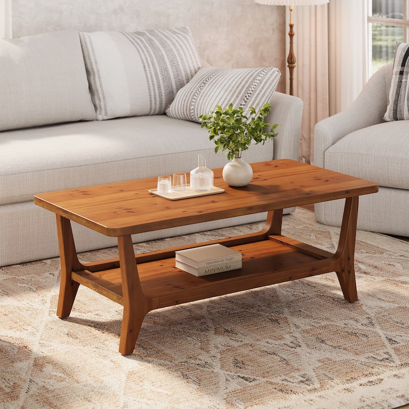 47'' Solid Wood Coffee Table with Open Storage Shelf, Mid-Century Rectangle Center Table - Brown