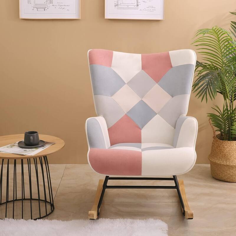 Rocking Chair Upholstered Glider Rocker Rocking Accent Chair Padded Seat with High Backrest Armchair - Patchwork Pink