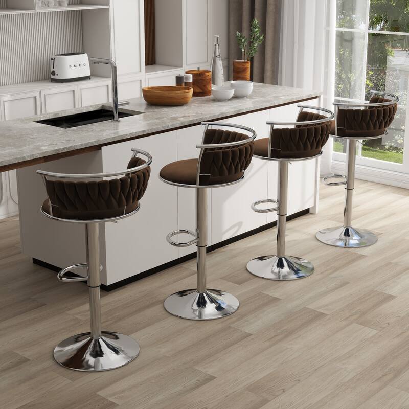 4 Set Modern Velvet Adjustable Swivel Bar Stools with Metal Frame - Silver/Coffee