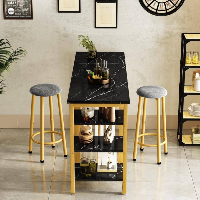 Grondin Modern Contemporary Faux Marble 3 Piece Bar Table Set with 2 Upholstered Stools and Extra Storage Shelves