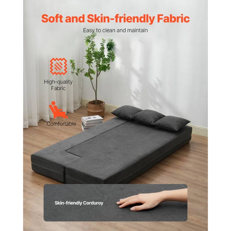 Dark Grey Twin Foam Fabric Foldable Sofa Bed with Pillows and Backrest - 40.55” L x 75.98” W x 8.86” H