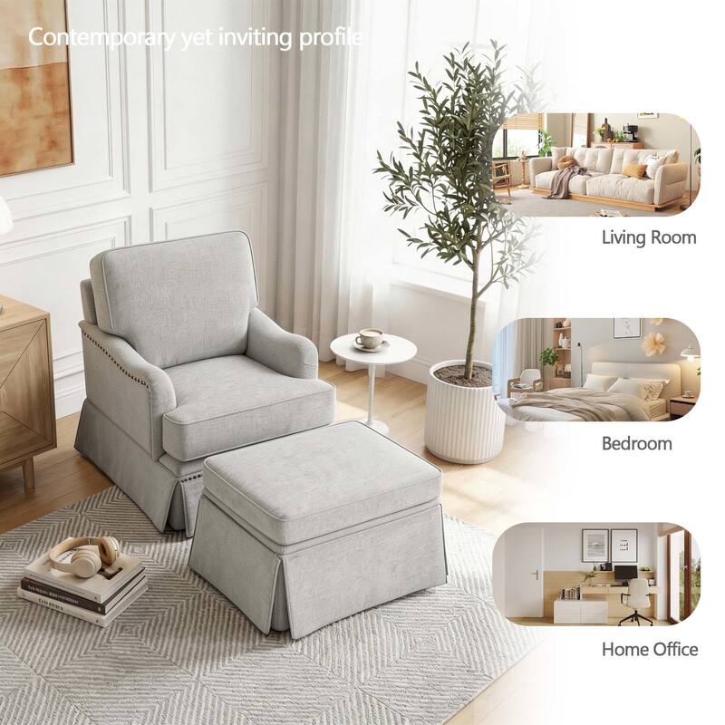 Modern Chenille Swivel Armchair and Storage Ottoman