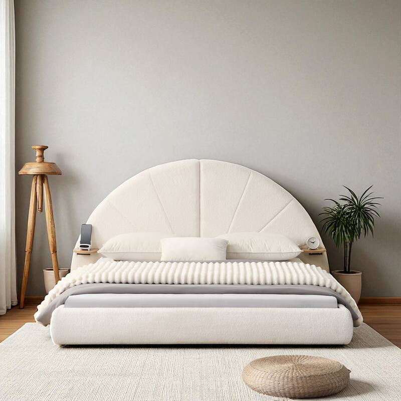 Queen Size Upholstered Arched Boucle Bed Frame with Built-in Small Table, Beige Modern Platform Bed - Beige - Queen