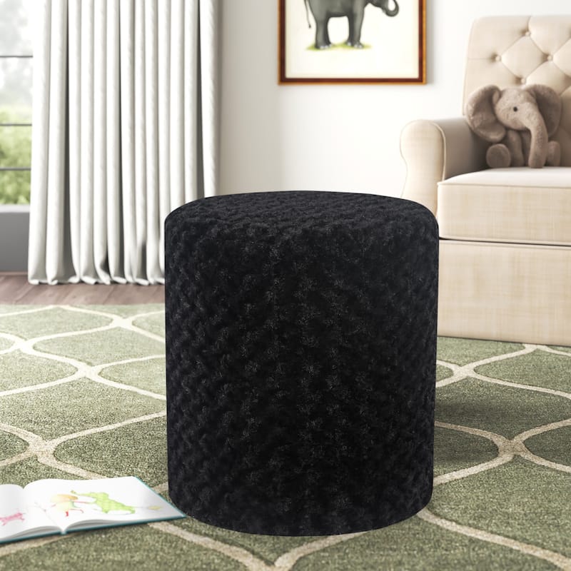 Adeco Round Ottoman with Curly Plush Vanity Stool - Black