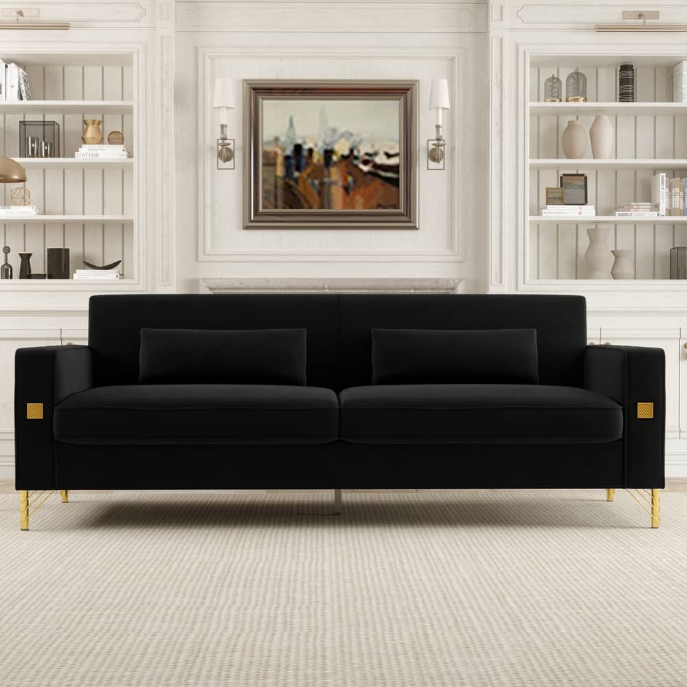 Modern 85.63" Velvet 3-seater Sofa with Gold Accents and Plush Cushions for Living Room