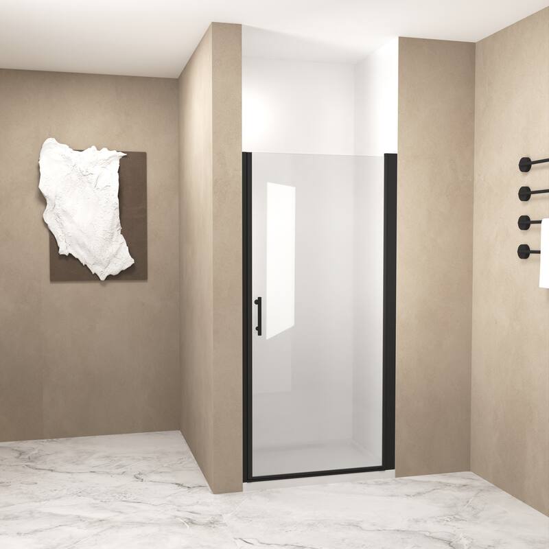 Framed Pivot Shower Door in Matte Black with Stainless Steel Handle
