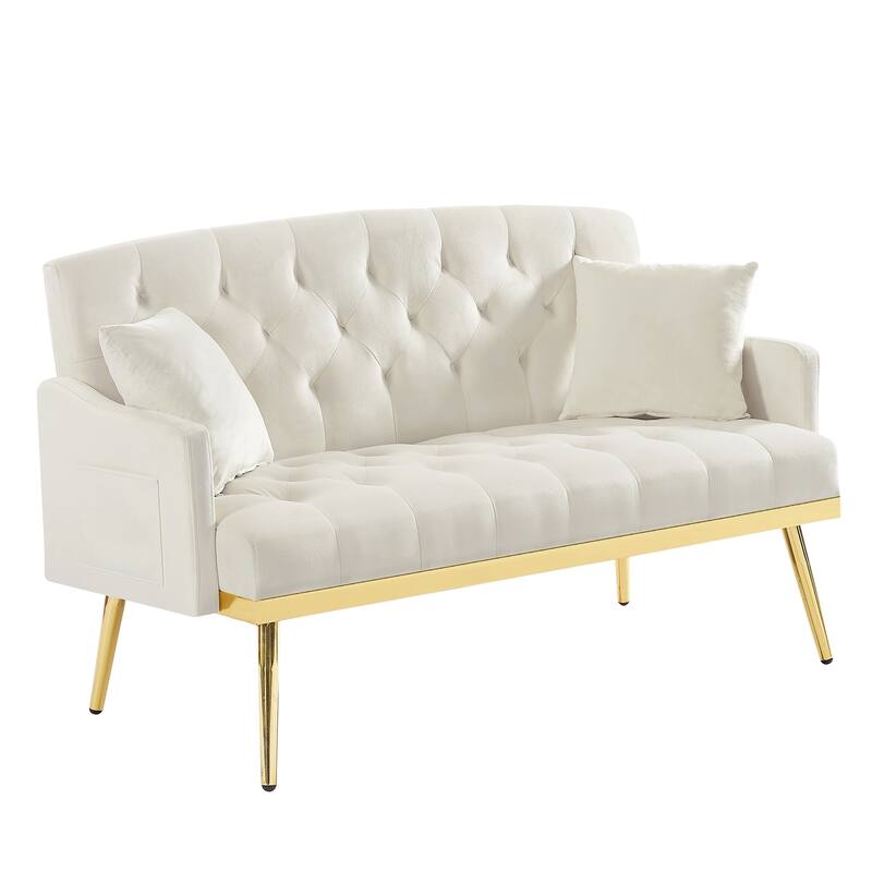 Velvet Loveseat, Upholstered Tufted Couch with 2 Pillow and 2 Pockets Lounge Couch for Living Room 2 Seater Couch