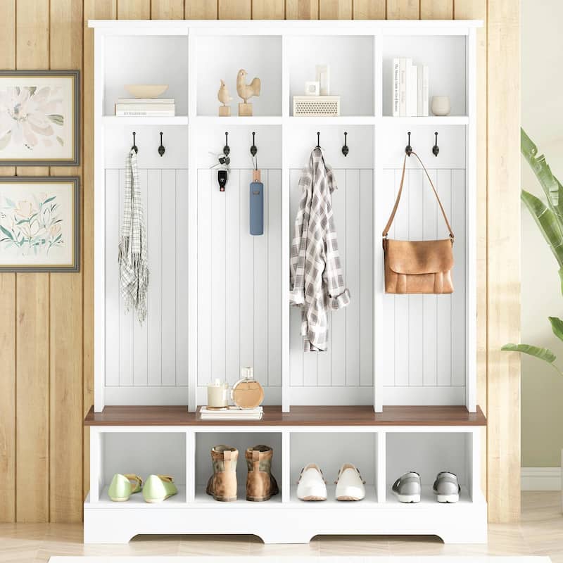Farmhouse 59" Wide Hall Tree with 8 Hooks - Modern 3-in-1 Entryway Bench - White