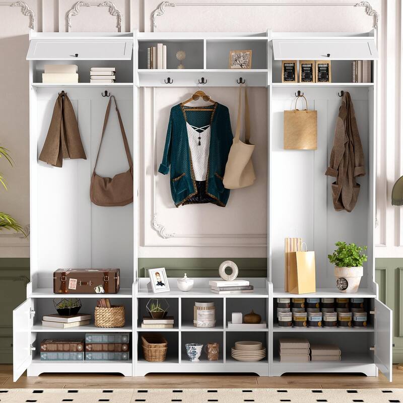 79.1'' Wide Modern Hall Tree with 8 Cubbies, 7 Coat Hooks & Adjustable Shelf