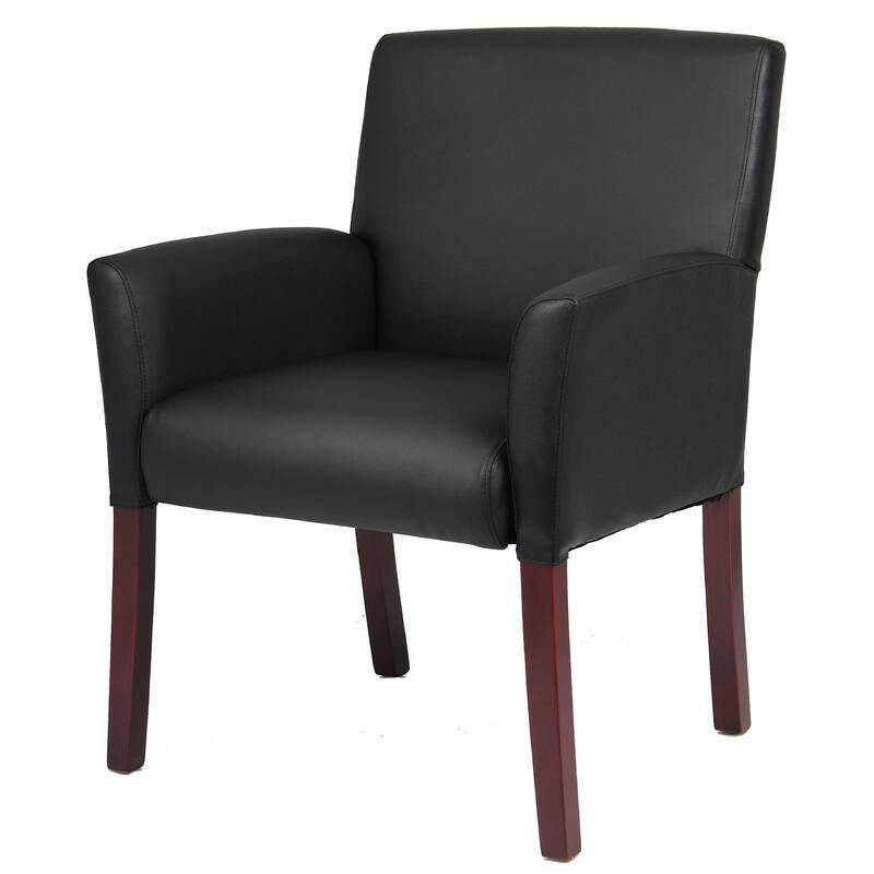 Nick Guest Armchair, Black Vinyl, Mahogany Brown Finish, Lumbar Support