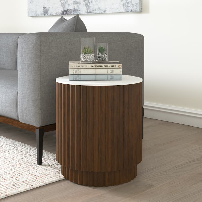 Sevita Round Mango Wood and Marble Modern Side Table