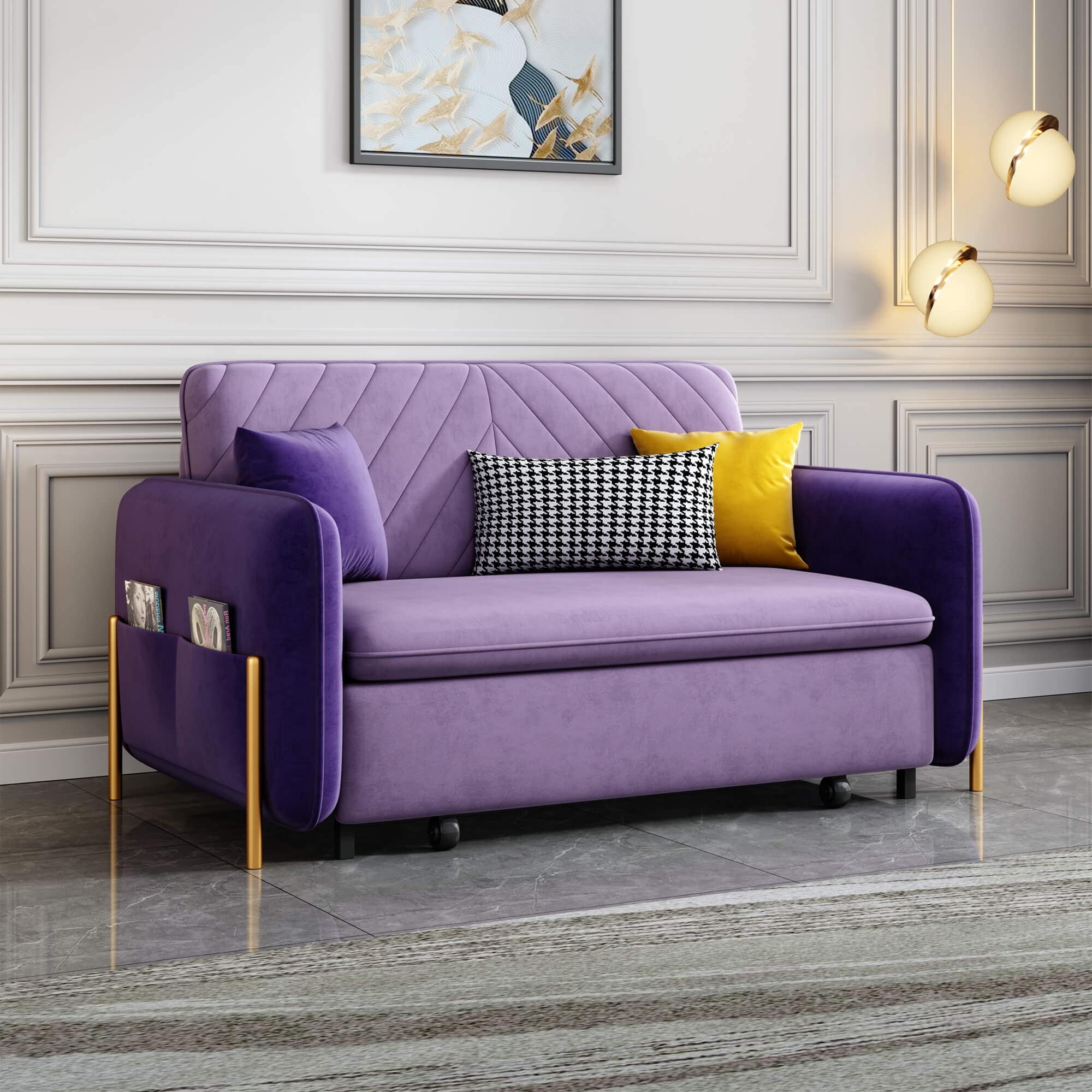 53.5” Full Sleeper Sofa Upholstered Convertible Sofa Bed 3-in-1 Sleeper Sofa Couch, Small Tufted Velvet (purple)