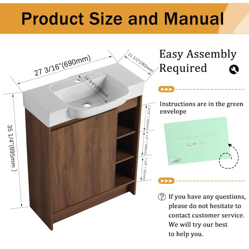 Malwee 28" FreeStanding Bathroom Vanity with Sink, Small Floor Stand Bathroom Vanity with Ceramic Sink and Soft Close Door