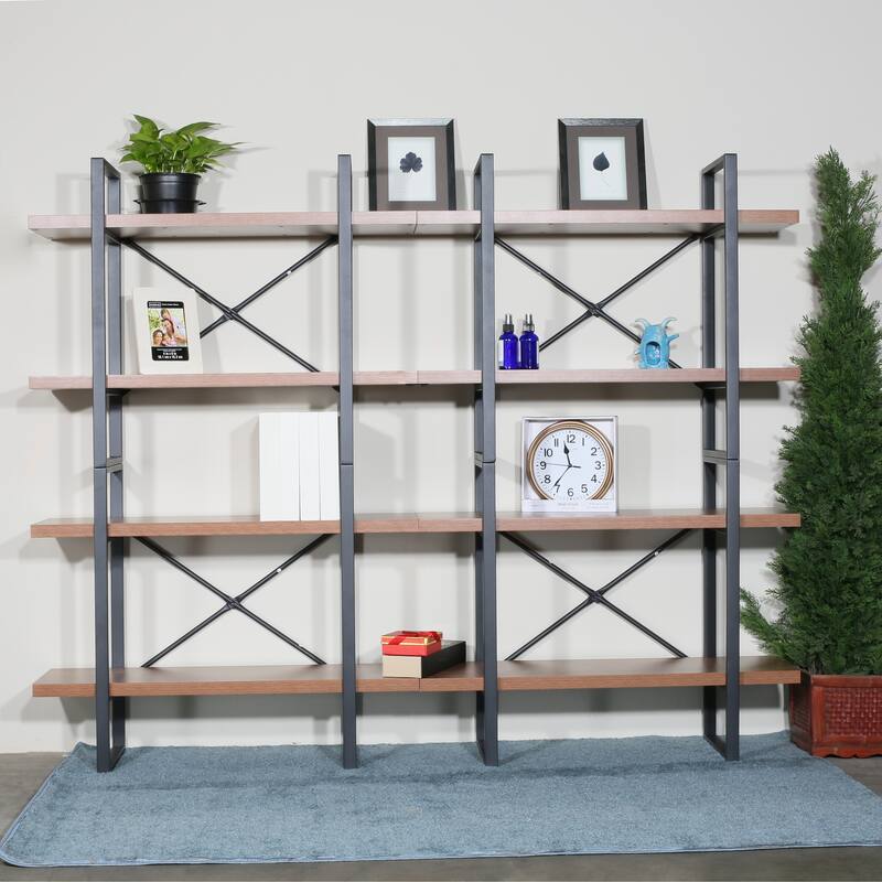Large double bookcases with 8 walnut wood shelves for living room - 82.68*11.34*56.69 inches - 82.68*11.34*56.69 inches - Walnut