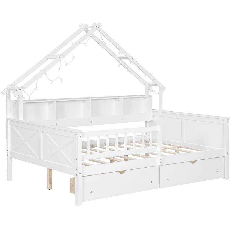 Wood Full Size House Platform Beds With Led,Storage Shelves,Drawers And Guardrail