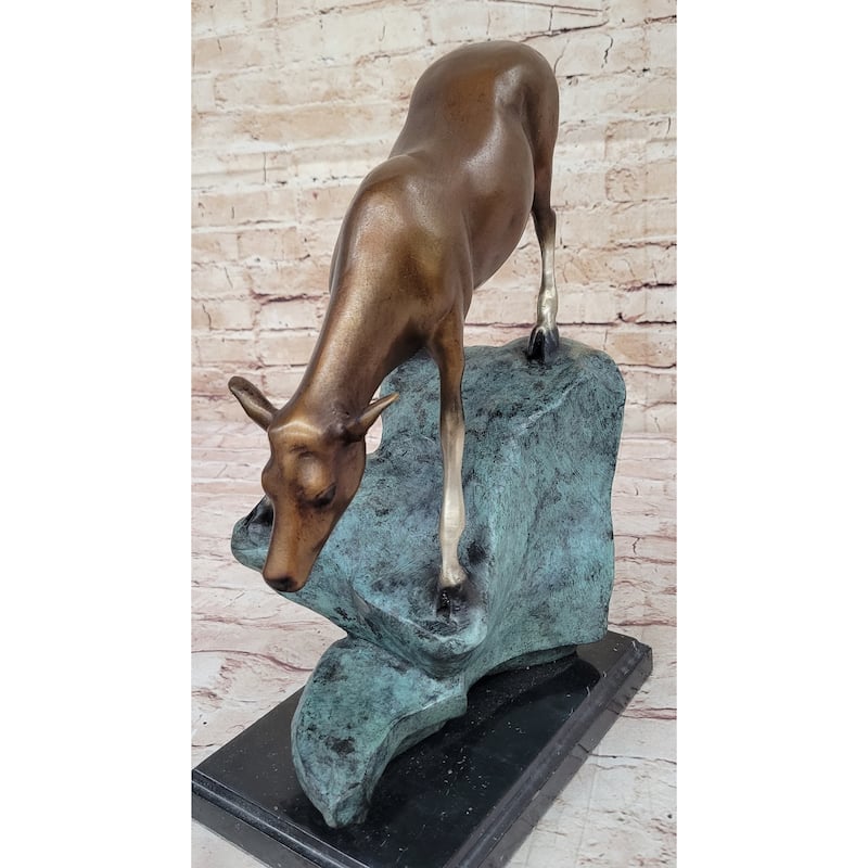 Limned Edition Bronze Deer Sculpture – Graceful Doe Drinking Water Statue