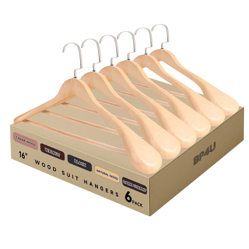 BP4U Premium Wide Shoulder Wooden Suit Hangers, 16-Inch Heavy-Duty Solid Wood Coat Hangers for Women's Clothes - 6-Pack - Natural Wood
