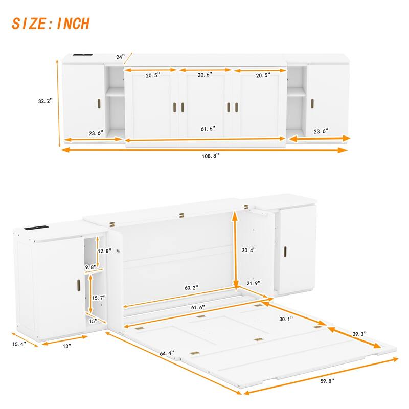 Merax Queen Size Murphy Bed, with Shelves, Cabinets and USB Ports