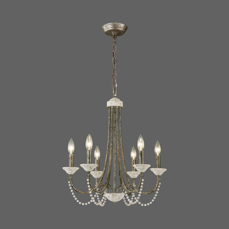 6-Light 20" Rustic French White Antiqued Wood Beaded Chandelier Light for Dining Room, Living Room