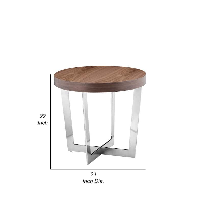 24 in. Walnut and Chrome Round Wood End Table, Sturdy Build End Side Table for Living Rooms