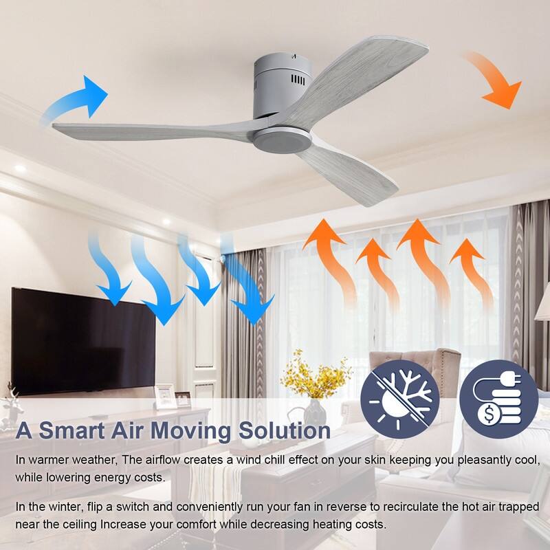52" Low Profile Ceiling Fan Light Kits with Remote 3 Solid Wood Blades Integrated LED Light Optional
