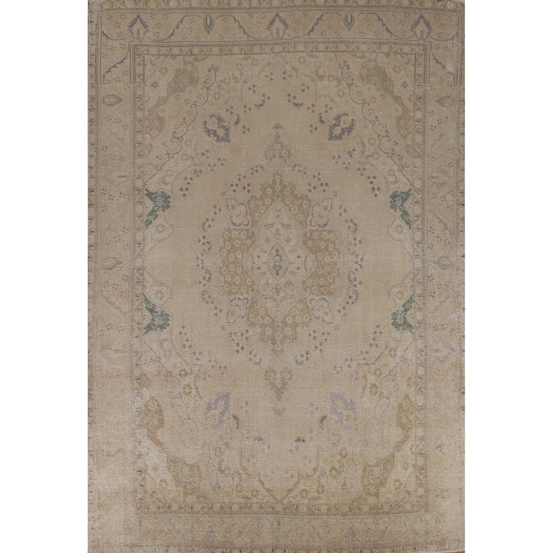 Beige Tabriz Persian Vintage Area Rug Handmade Wool Carpet - 9'1"x 13'2"