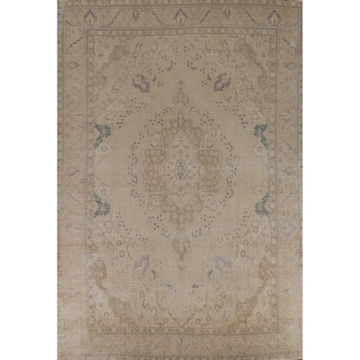 Beige Tabriz Persian Vintage Area Rug Handmade Wool Carpet - 9'1"x 13'2"