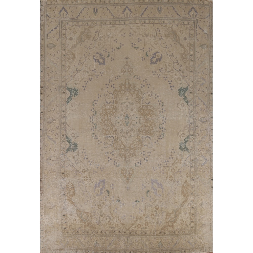 Beige Tabriz Persian Vintage Area Rug Handmade Wool Carpet - 9'1"x 13'2"