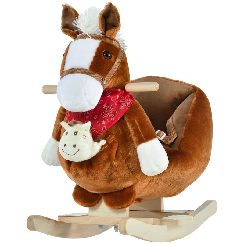 Kids Rocking Horse with Plush Fabric, Soothing Lullaby, Soft Comfortable Seat, and Secure Design for Safe Play - Brown