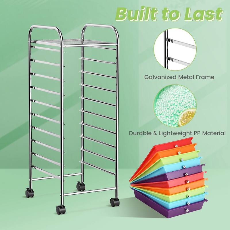 Costway 10 Drawer Rolling Storage Cart Scrapbook Office School - Multi - See Details