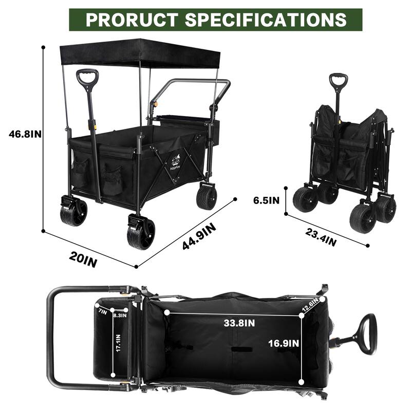 Collapsible Wagon with Canopy Extra Large 140L Storage Steel Frame All-Terrain Wheels Brakes - 20” x 44.9” x 46.8”