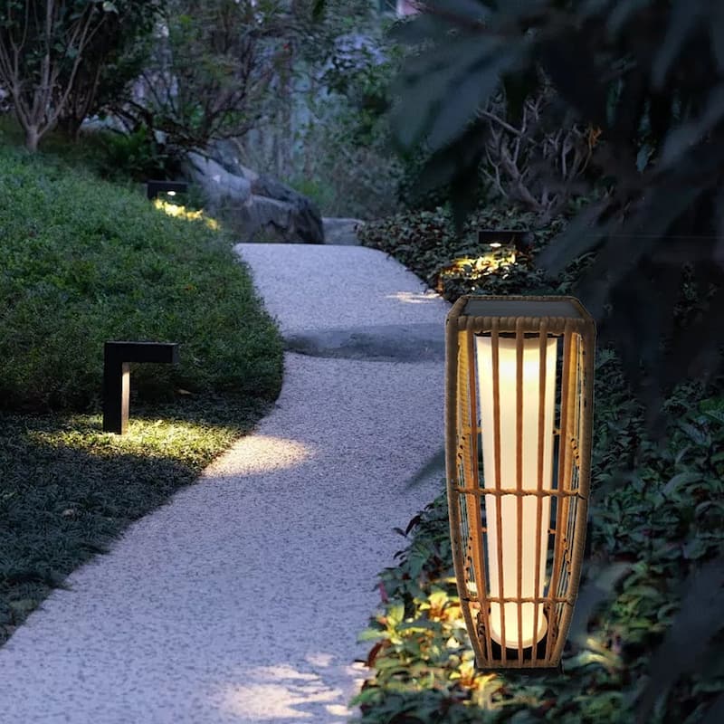 Solar Floor Lantern Outdoor Wicker Rattan Patio Light Vertical 7"x27"