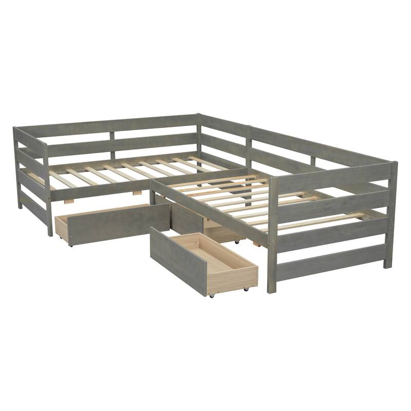 Twin Size L-shaped Platform Bed with Three Storage Drawers, Natural